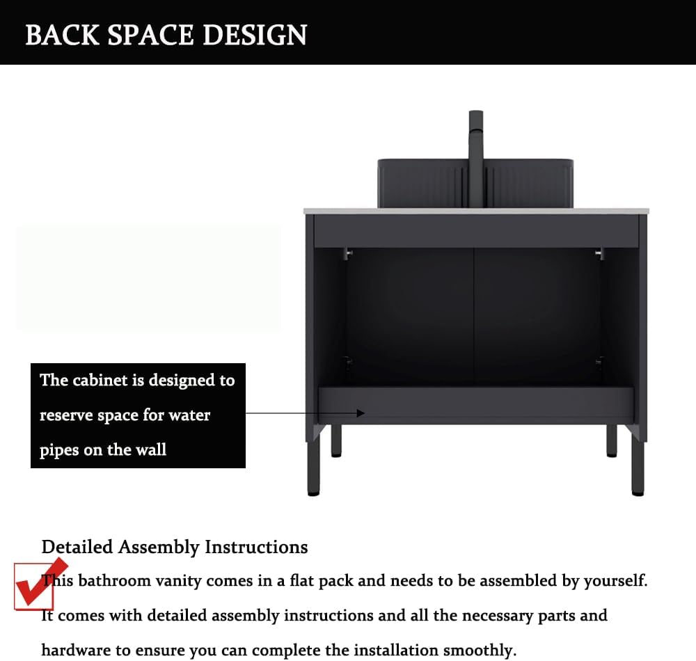 30' Bathroom Vanity with Sink, Modern Bathroom Vanities with 2 Soft-Closing Doors, Freestanding Bathroom Cabinet with Ceramic Basin and Carrara White Sintered Stone Counter Top-Colmar, Black