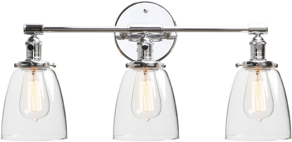 Phansthy 3-Light Wall Sconces Antique Brass Vanity Light, Industrial Wall Lamps with On Off Switch and Clear Glass Lampshade, Vintage Wall Lighting for Bathroom Living Room (Chrome, Bell Shade)
