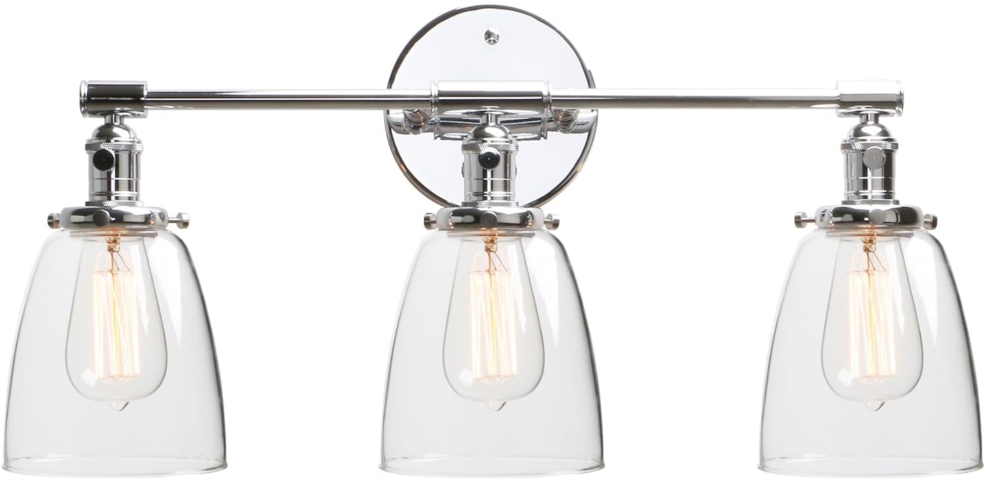 Phansthy 3-Light Wall Sconces Antique Brass Vanity Light, Industrial Wall Lamps with On Off Switch and Clear Glass Lampshade, Vintage Wall Lighting for Bathroom Living Room (Chrome, Bell Shade)