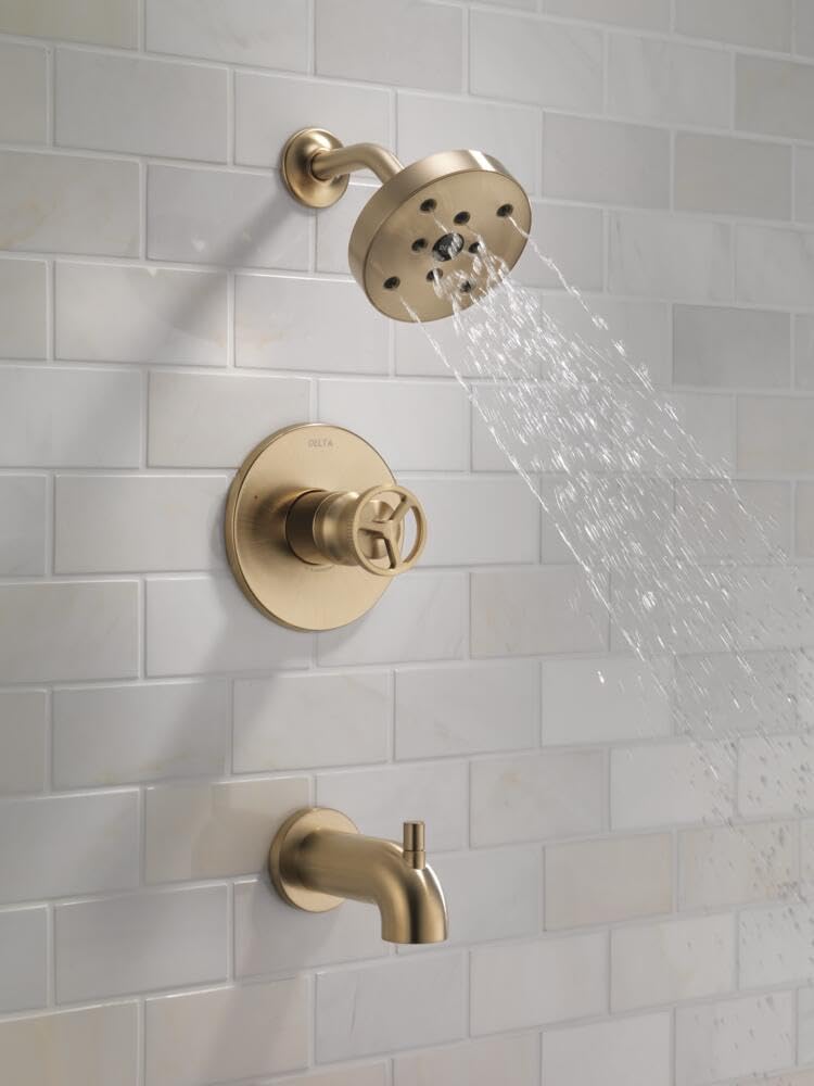 Delta Faucet Trinsic 14 Series Gold Tub Shower Faucet Set with H2Okinetic Shower Head, Shower Trim Kit, Gold Shower Fixtures, Bathtub Faucet Set, Champagne Bronze T14458-CZ (Valve Not Included)