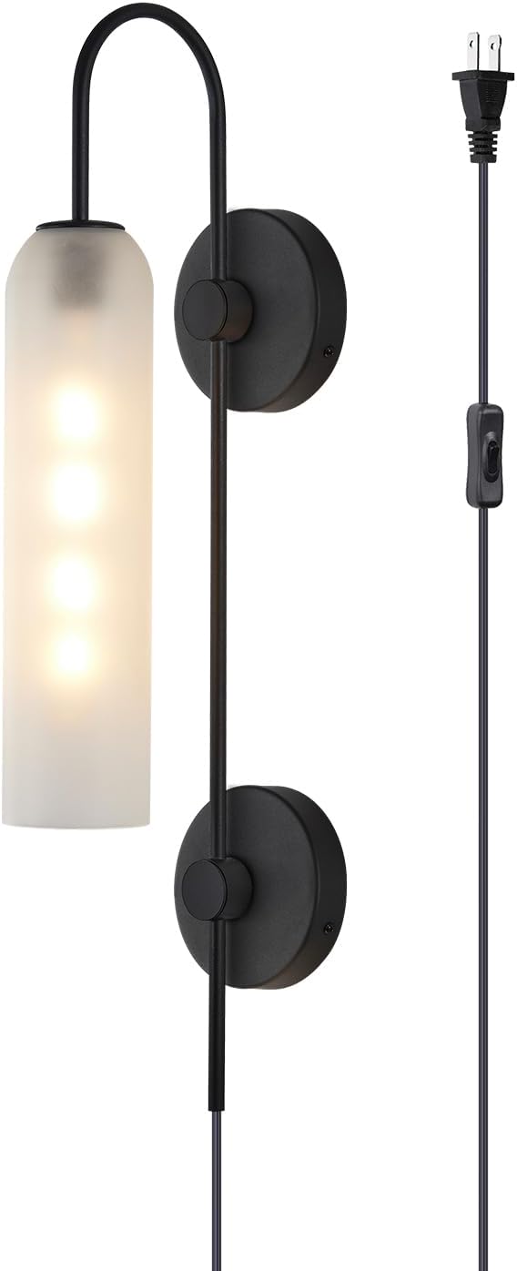 BOKT Black Wall Lights Plug in for Bedroom, Frosted Milky White Glass Wall Sconce Decor, Large Modern Wall Sconces for Living Room