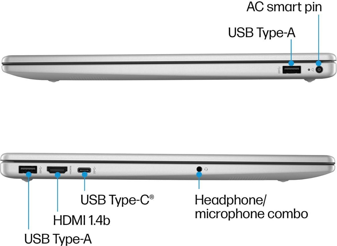 HP 15-FC000 Personal Laptop, 2025, 15.6' 1366x768, Touch, AMD-4 Core AMD Ryzen 5 7520U, 16GB LPDDR5 5500MHz, 256GB SSD, Win10 Pro, Wi-Fi 6, Bluetooth 5.3, 720p HD Camera, Natural Silver