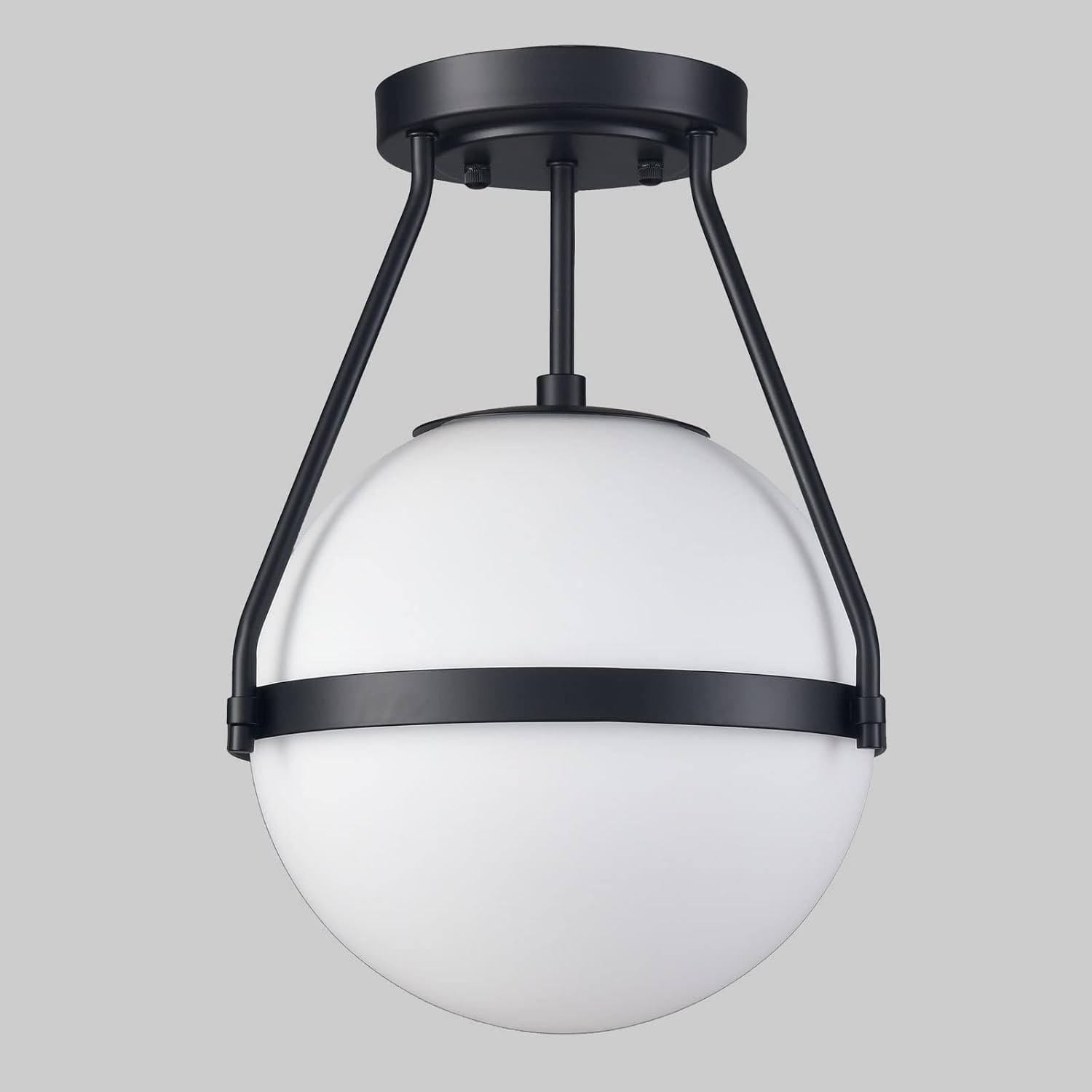 HOLKIRT Mid Century Semi Flush Mount Ceiling Light Black Globe Ceiling Light Modern Light Fixture with White Opal Glass Shade for Living Room Bedroom Hallway