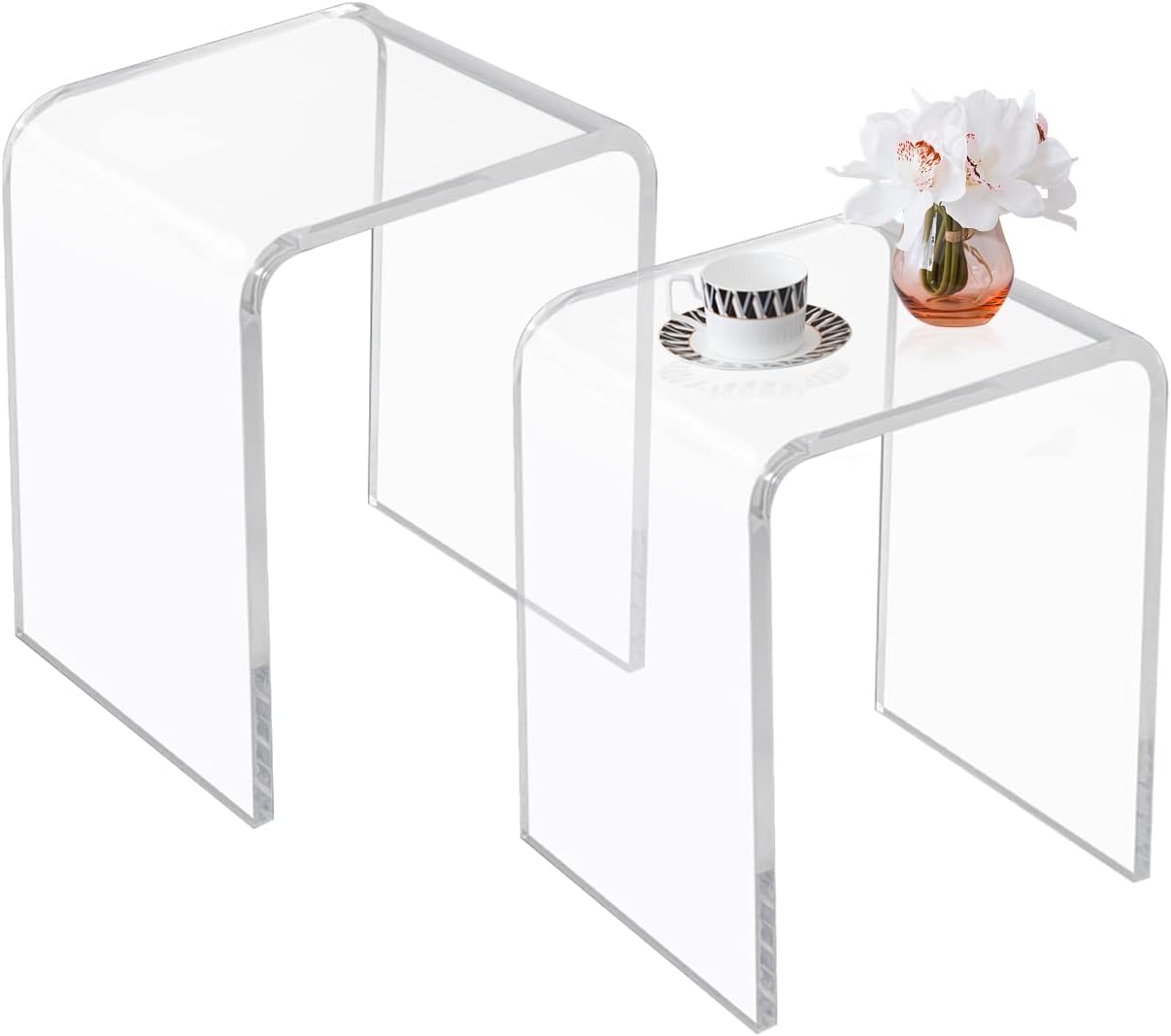 2PCS Acrylic Side Table, Clear Coffee Table & End Table, 0.6' Thick Modern Transparent Nightstand/Stool for Living Room, Bedroom, Office, Bathroom, Showroom - 16' L x 12' W x 18' H