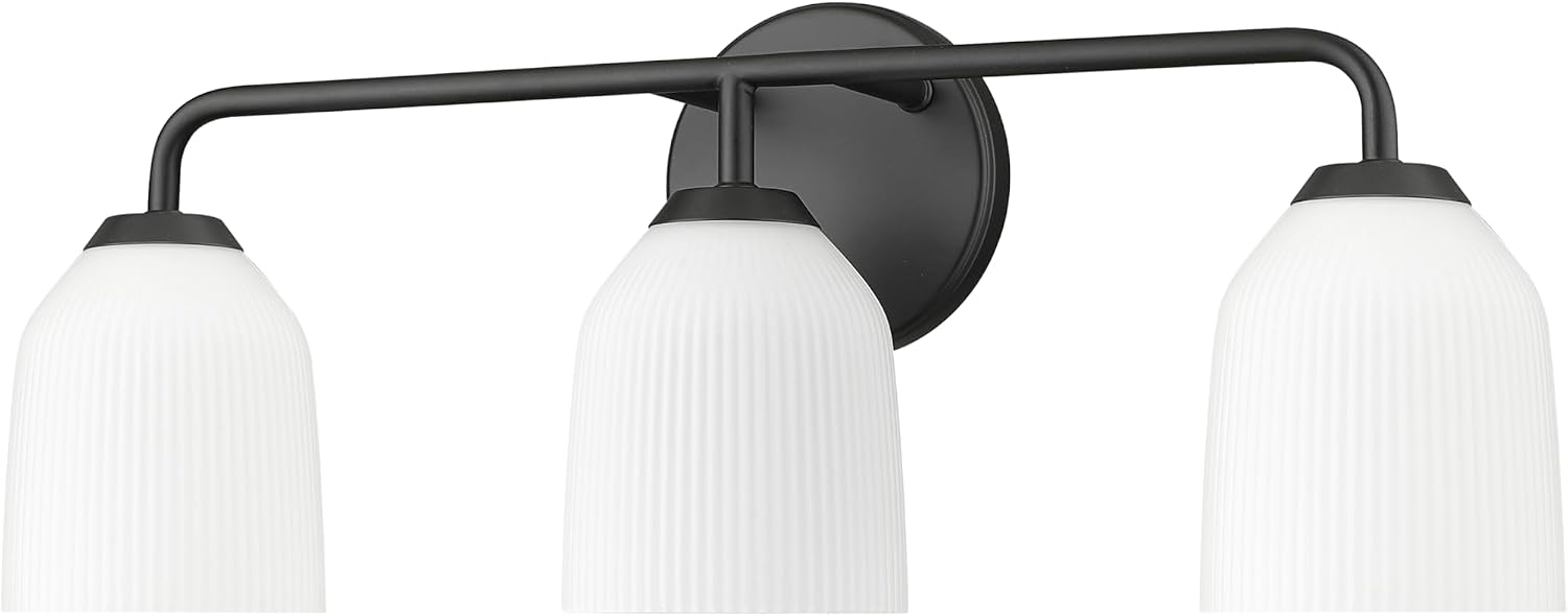 ML Lighting | Norah Collection | 22303-MB | 3 Light Vanity in Matte Black Finish with Opal Ribbed Glass Shade | Versatile Design That adds High-End Texture and Elegance to Your Bathroom