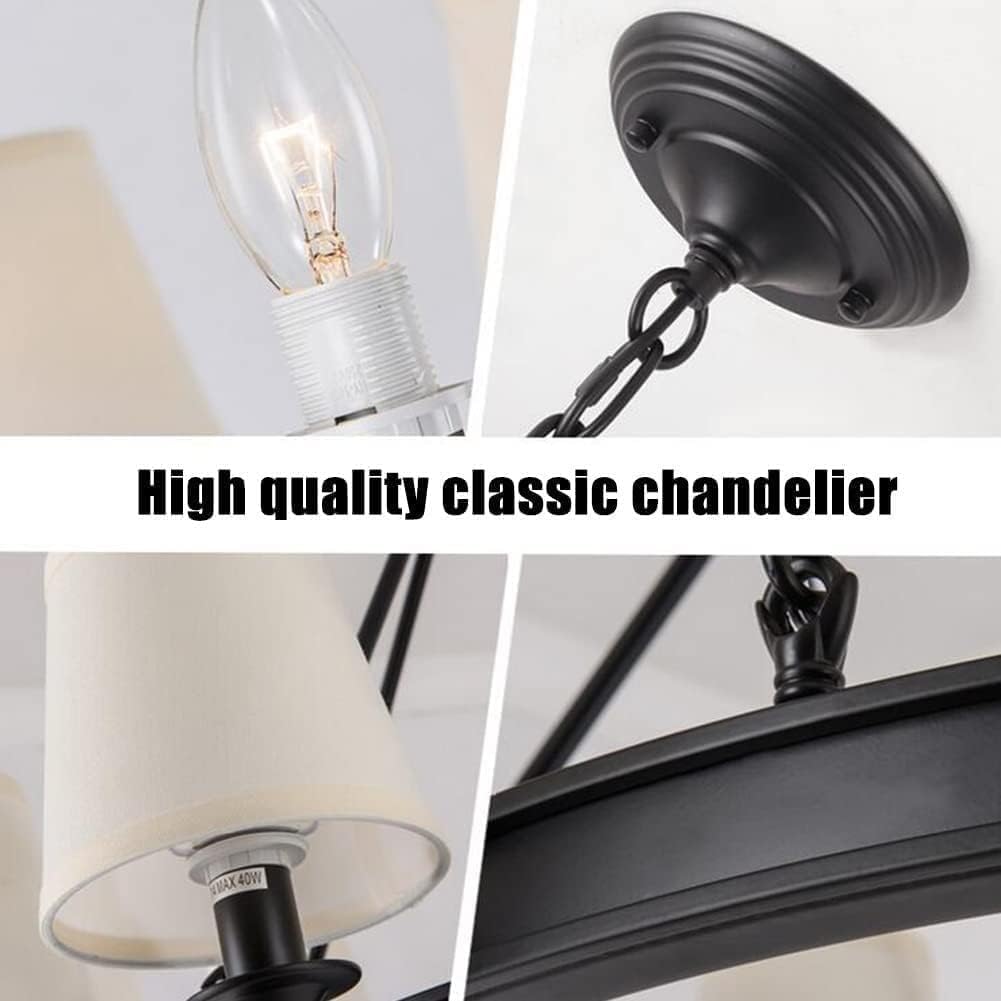 Modern Black Antique Wrought Iron Chandelier White Linen Shades Chain Hanging Lamp,Chandelier LED Ceiling Light