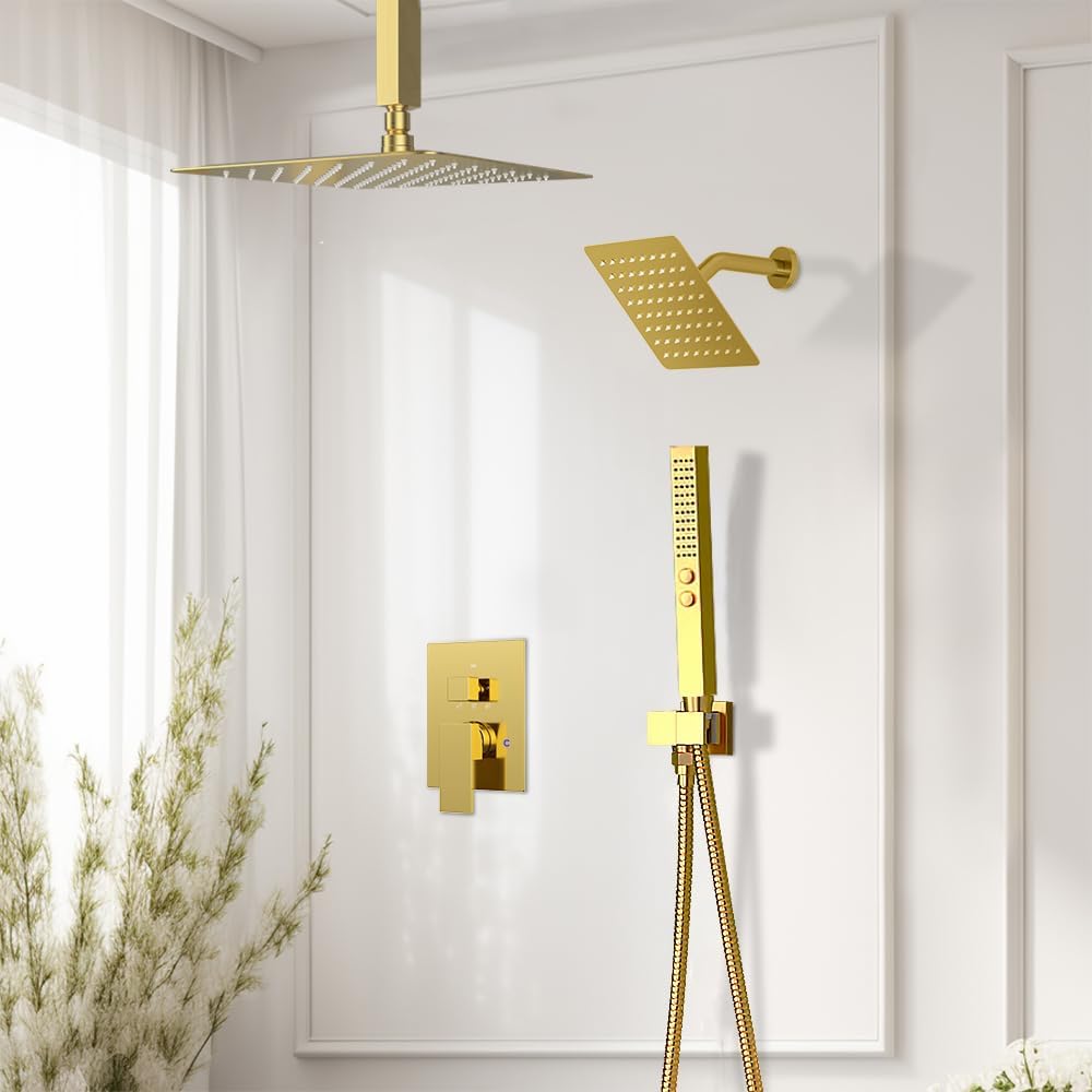 Shower System Shower Faucet Set, STARBATH 6'+12' Ceiling Mount Dual Rain Shower Head Set with 2 in 1 Handheld Spray,Rainfall Shower System with Diverter Valve and Trim Kit Complete,Brushed Gold