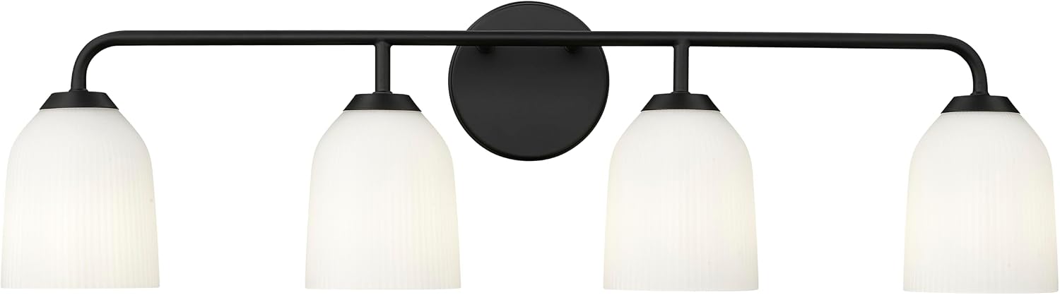 ML Lighting | Norah Collection | 22304-MB | Indoor 4 Light Vanity in Matte Black with Opal Ribbed Glass Shade | Elegant and Versatile Design for Any Bathroom