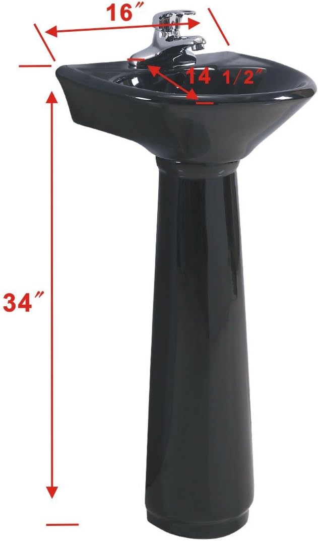Renovators Supply Manufacturing Ondine 16' W x 34' H x 14.5' Proj. Glossy Black Pedestal Sink, Vitreous China, with Overflow and 4 in. Centerset Faucet Holes