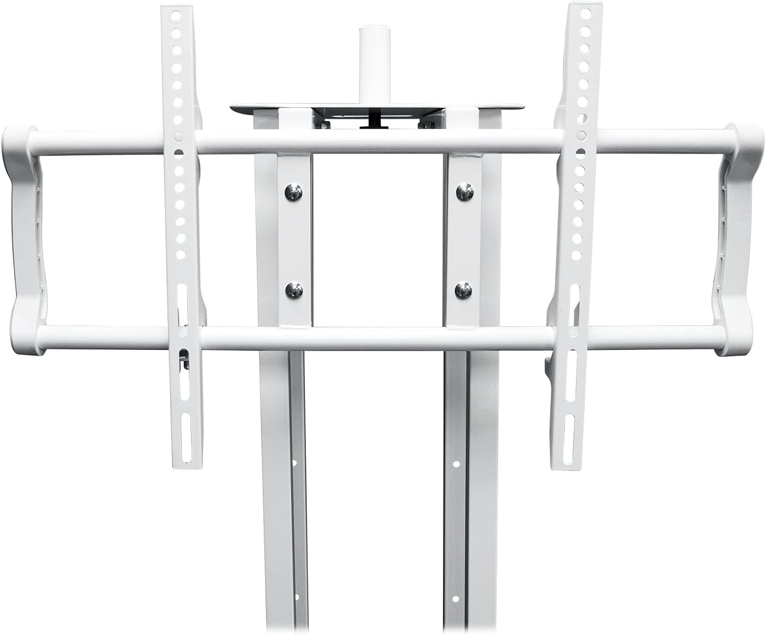 Rockville RTP33-TV Pro White Totem Stand 220 lbs DJ Speaker/Lighting/TV Mount, Detachable TV Mount, Adjustable 39-69 inch Height, Black/White Scrims, for DJs and Event Planners