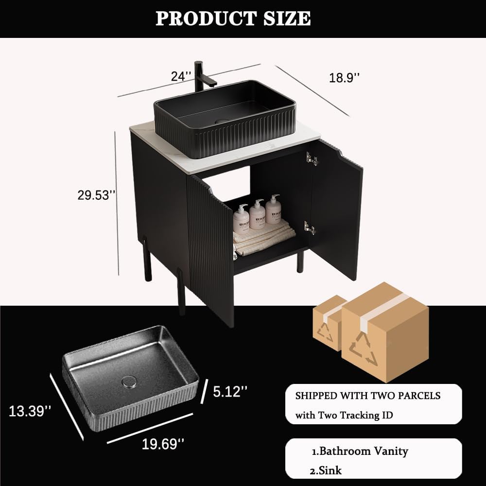 24' Bathroom Vanity with Sink, Modern Bathroom Vanities with 2 Soft-Closing Doors, Freestanding Bathroom Cabinet with Ceramic Basin & Carrara White Counter Top-Colmar, Black