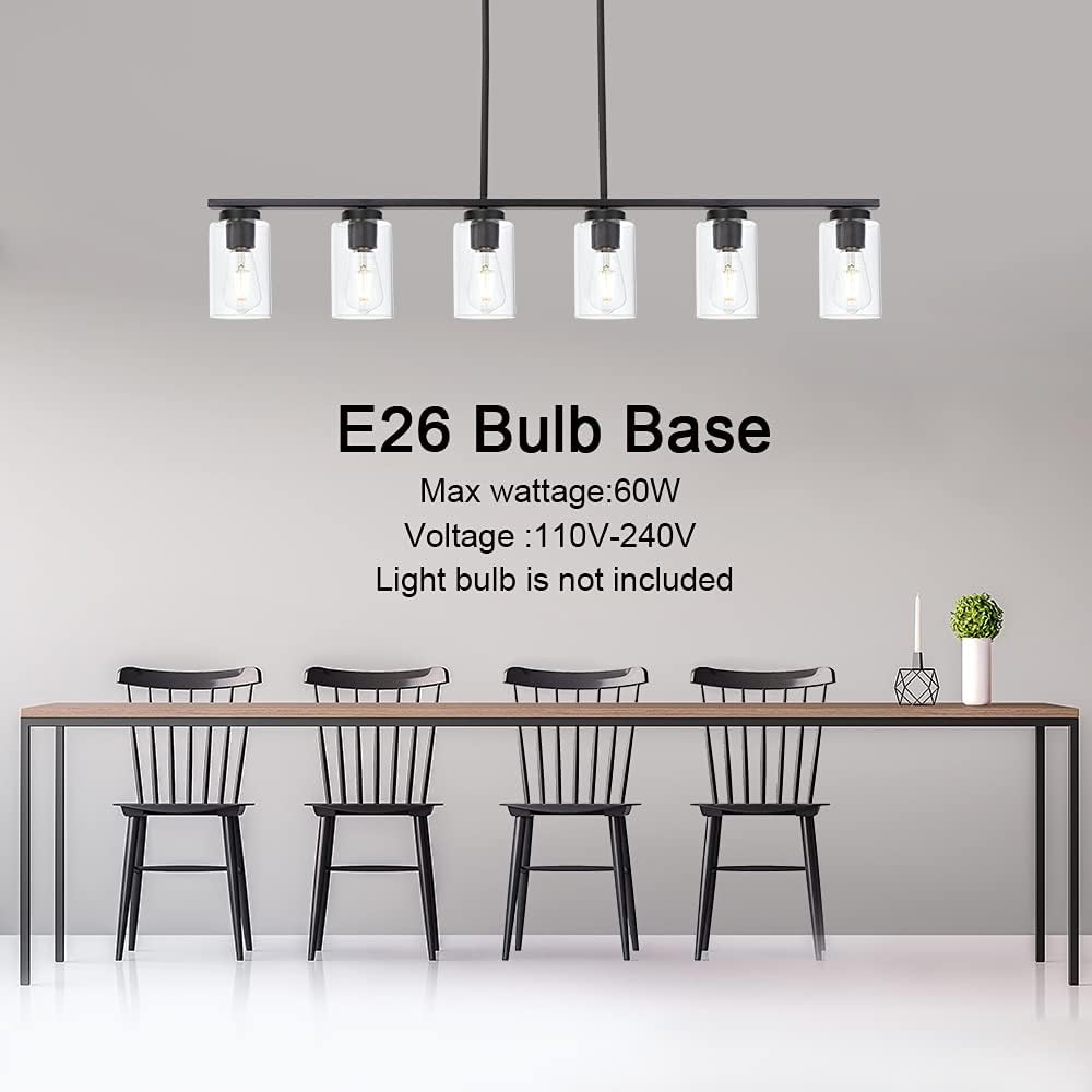 TODOLUZ Black 6-Lights Kitchen Island Light with Clear Glass Shades, Farmhouse Hanging Pendant Light Fixture for Farmhouse Dining Room Living Room
