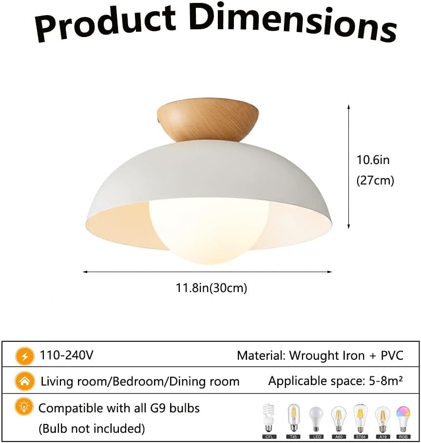 Minimalist Wood Grain Ceiling Lamp Nordic Wrought Iron Ceiling Light Mid Century Semi Recessed Ceiling Light Fixture for Cloakroom Kitchen Bedroom Entryway(White)