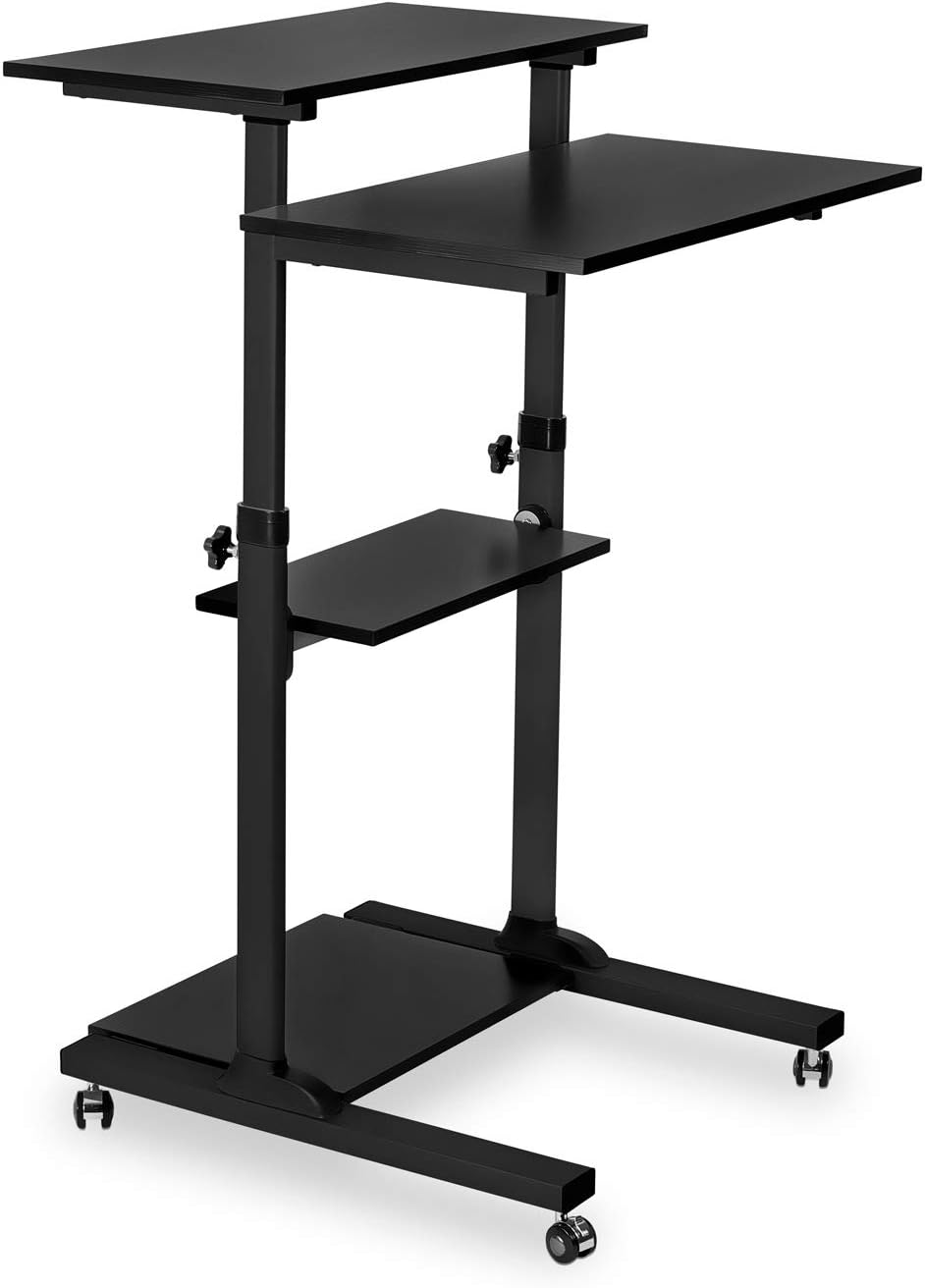 Mount-It! Black Rolling Standing Desk, Adjustable Height up to 54.7', Portable Laptop Podium Desk on Wheels, Mobile Computer Workstation with 4 Shelves 27.5' Wide, Cart for Home Office or Classroom