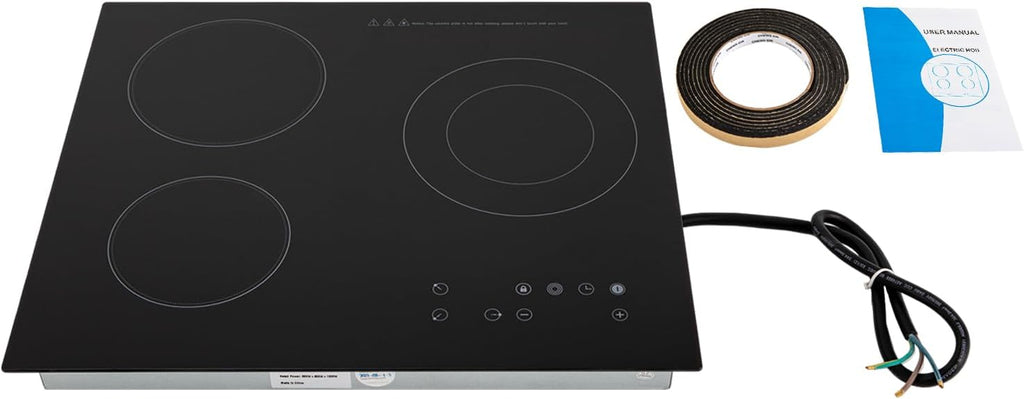 3 Burner Electric Cooktop Electric Stove Top Induction Cooktop Counter top Burner Built-in Electric Ceramic Stovetop Smooth Surface Glass 9 Heating Level Safety Lock,2600W (No Plug)