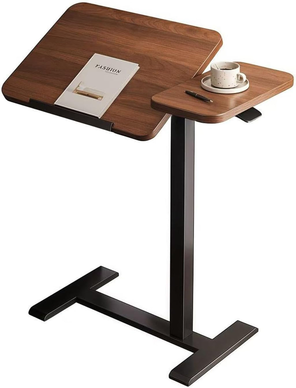Upgraded Overbed Bedside Desk with Hidden Wheels, Height Adjustable Rolling Laptop Stand with Extended Front Stopper, Tilting Over Bed Table for Bed Sofa, Walnut