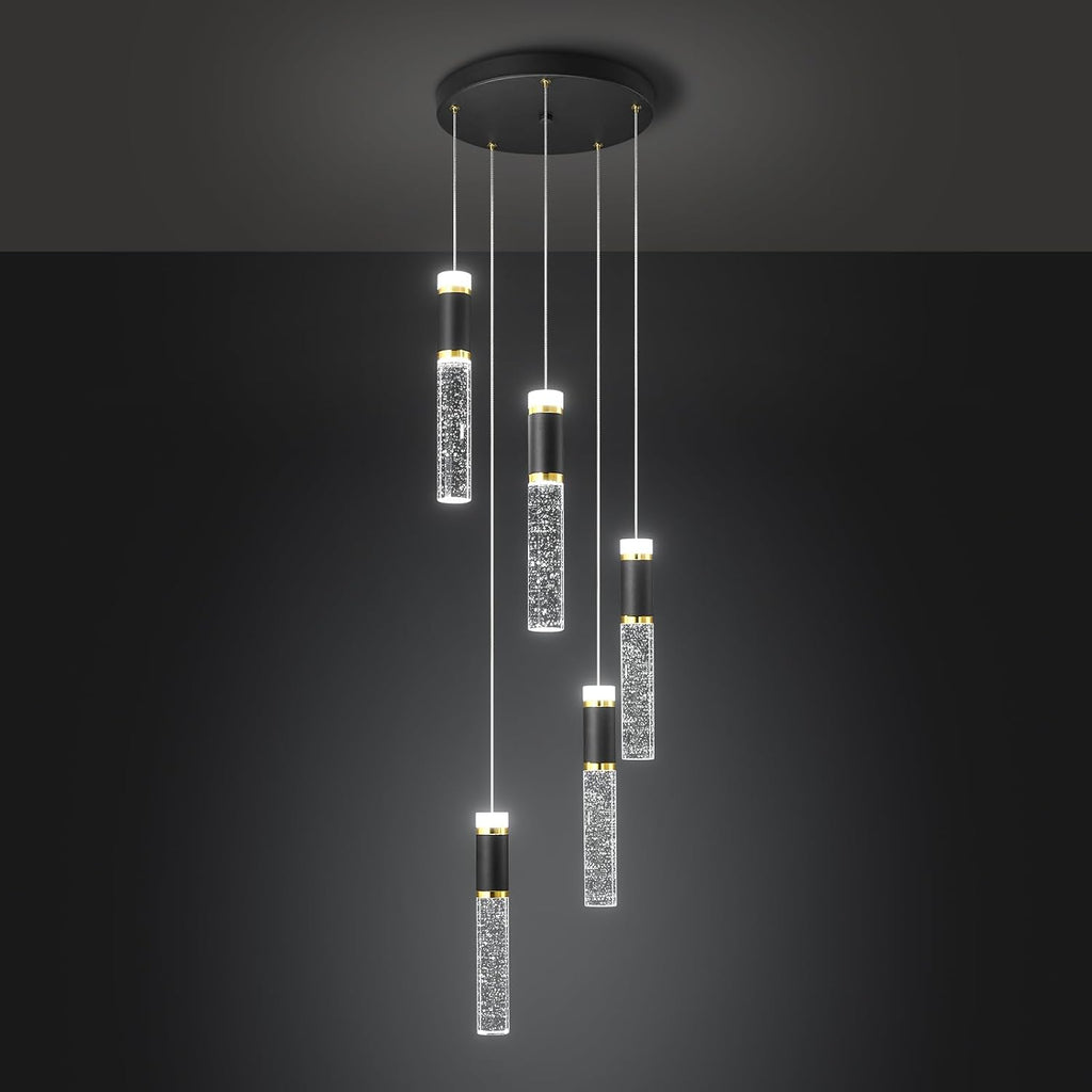 5-Light Pendant Lights, Modern Black Gold Pendant Light Fixtures with Bubble Crystal, Dimmable LED, Kitchen Island & Dining Room