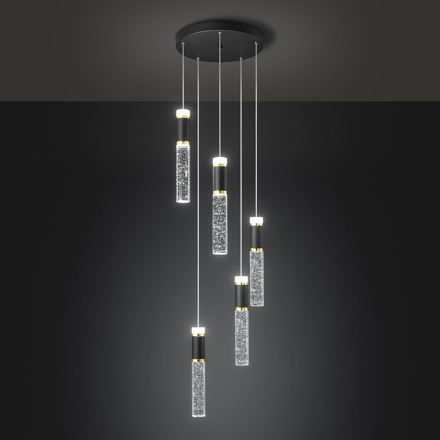 5-Light Pendant Lights, Modern Black Gold Pendant Light Fixtures with Bubble Crystal, Dimmable LED, Kitchen Island & Dining Room