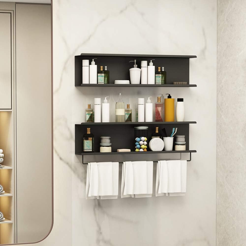 Black/White/Gold Wrought Iron Shelf Household Bathroom Wall Moisture-Proof Shelf, Towel Storage Rack, Article Storage Cabinet (Black 45×15cm)