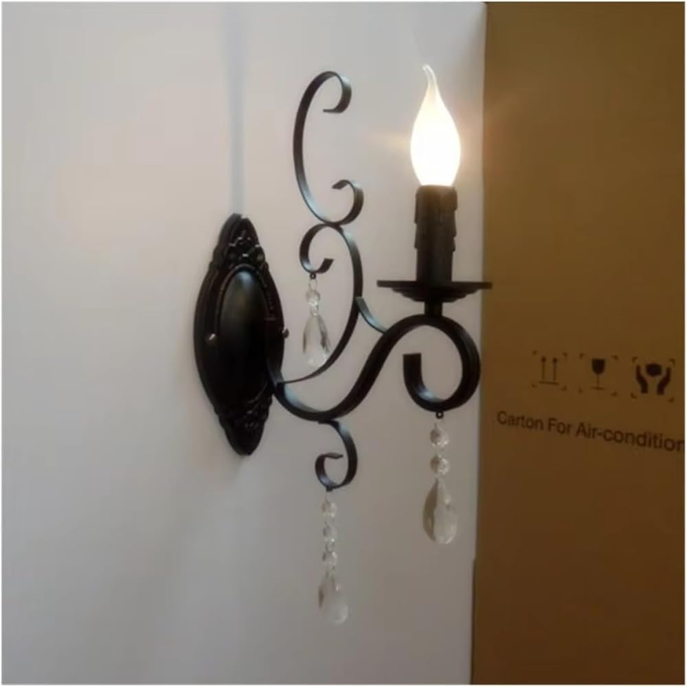 European Classic Vintage Wall lamp Black Wrought Iron Body Crystal Deco Candle Light Fixture for Living Room Bedroom Stairs(Clear 1light)(Clear,1light)