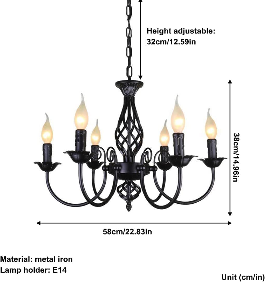 Black Wrought Iron Chandelier 6-Light Rustic Round Black Wood Ceiling Light Fixture Farmhouse Industrial Cage Pendant Light for Kitchen Island Bedroom Dining Room Foyer Living Room