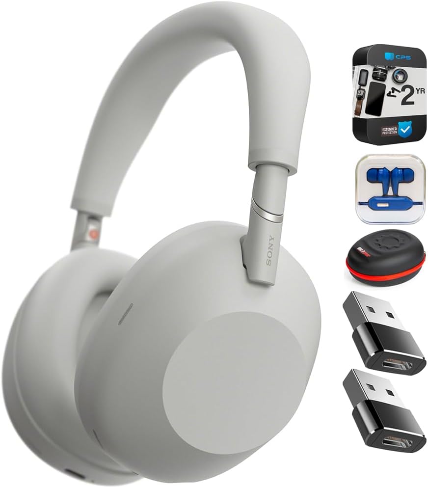 Sony WH1000XM6/S Best Wireless Noise Canceling Headphones Platinum Silver Bundle with in-Ear Headphone (Colors May Vary), Headphone Case, Converter Adapter and 2 YR CPS Enhanced Protection Pack