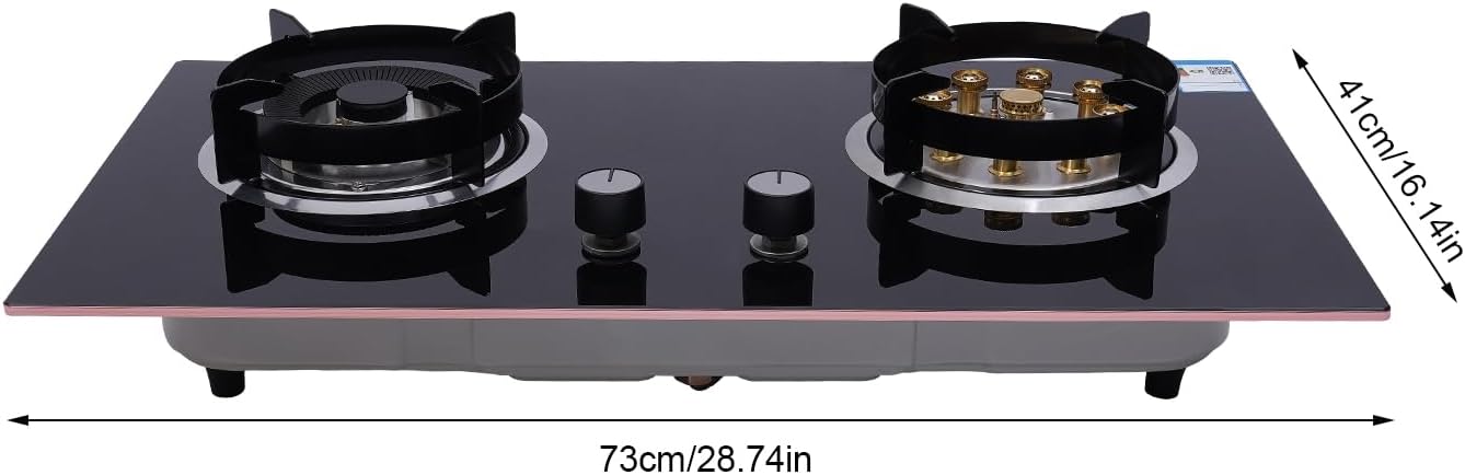 Gas Cooktop Built-in 2 Burner Stove Hob Cooktop, Range Top with Battery Automatic Battery Ignition, Toughened Glass Black Gas Stove Stainless Steel suitable for Home (Panel Size 730*410mm)
