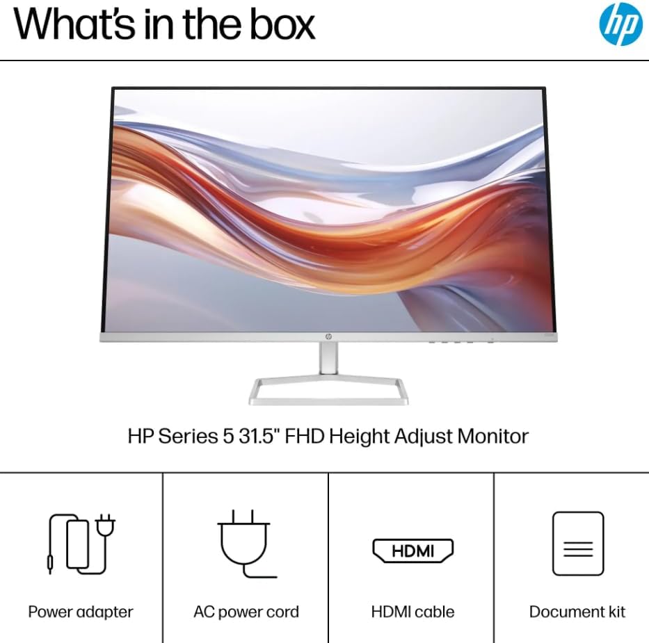 HP Monitor 32' VA Panel, FHD(1920X1080), Anti-Glare Display, 100Hz Refresh Rate, 7 MS Response Time, 2 x HDMI 1.4, 1 x VGA, 16:9 Aspect Ratio, Silver, with HDMI Cable