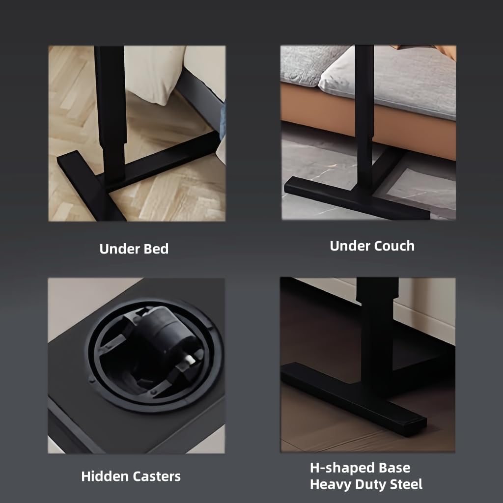 Portable Overbed Rolling Desk, Height Adjustable Mobile Standing Table, Foldable 31 Inch Small Laptop Bedside Desk with Tiltable Desktop, Hidden Wheels, Tray Table for Bed Sofa Side, Walnut+Black