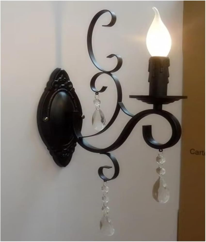 European Classic Vintage Wall lamp Black Wrought Iron Body Crystal Deco Candle Light Fixture for Living Room Bedroom Stairs(Clear 1light)(Clear,1light)