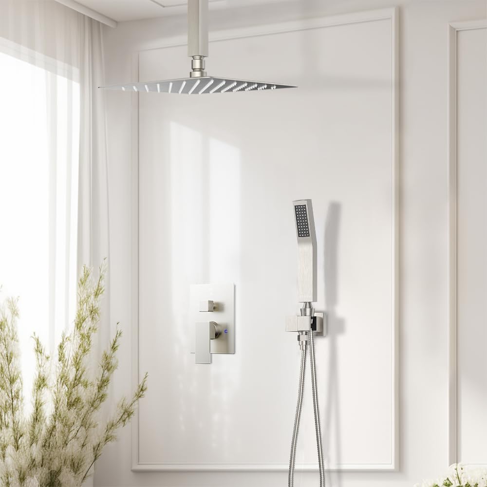 Shower System Shower Faucet Set, STARBATH 10' Ceiling Mount Rain Shower Head and Handheld Spray for Two Person, Rainfall Shower System with Diverter Valve and Trim Kit Complete,Brushed Nickel