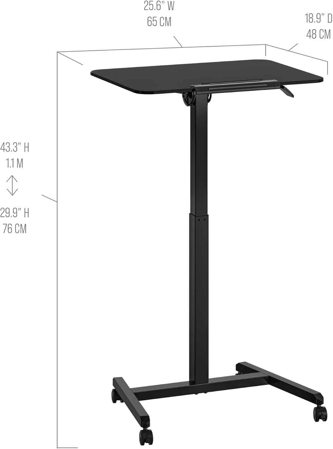 Seville Classics Airlift Height Adjustable Pneumatic Laptop Sit Stand Desk Mobile Rolling Cart, Computer Workstation for Home Office, Classroom, Black, 25.6' Tilting Desktop