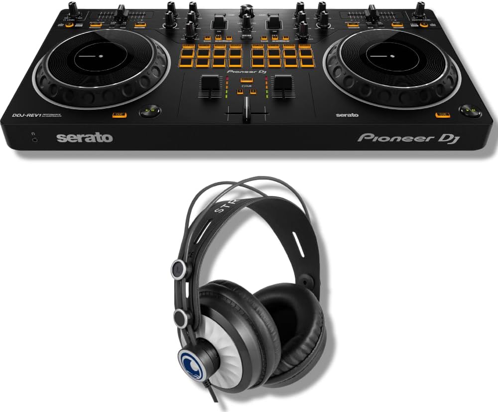 Pioneer DDJ-REV1 DJ Controller Bundle with StreamEye Cans50 Closed-Back Monitoring Headphones for DJ's and StreamEye Polishing Cloth