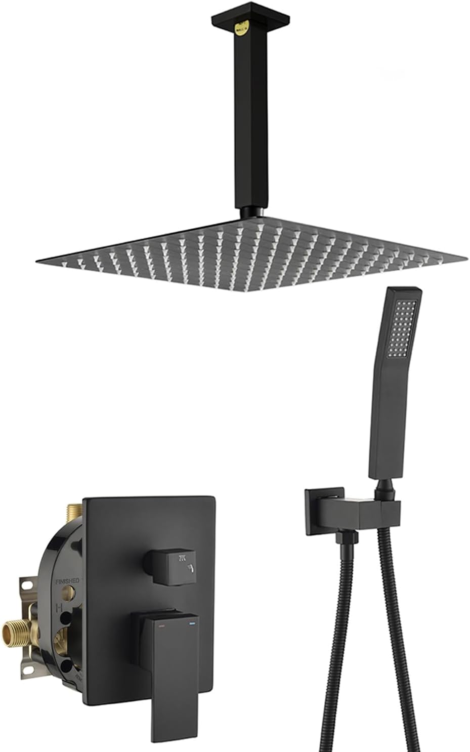 WELLFOR 12' Ceiling Mount Matte Black Shower System with 2-way Diverter, Built-In Shower Faucet System, Shower Faucet Kit, Ceiling Rainfall Shower Head Faucet Trim Kits with Rough-in Valve and Trim