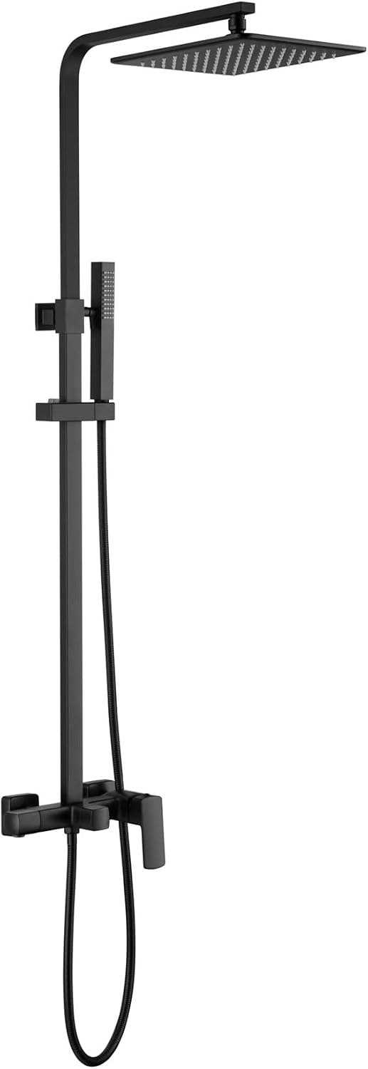 Exposed Shower System with Rain Shower and Handheld Sprayer, Outdoor Shower Fixture with Tub Spout, Rainfall Showerhead Faucet Combo Set for Bathroom Height Adjustable Shower Mixer Matte Black