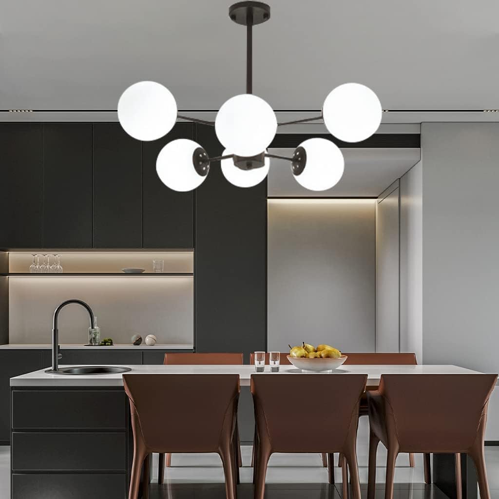E27 Pendant Light Modern Pendant Lamp Creative Decoration Living Room Chandelier Wrought Iron Hanging Lamp Glass Ball Ceiling Lamp, Black, 6 Heads