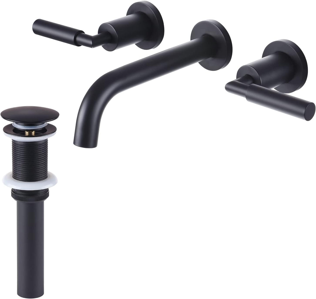 RBROHANT Black Wall Mount Faucet with Pop up Drain Set for Sink Without Overflow, Matte Black Dual Handle Wall Mounted Bathroom Sink Faucet, Brass Rough-in Valve Included, RB0735D