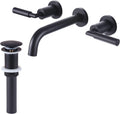 RBROHANT Black Wall Mount Faucet with Pop up Drain Set for Sink Without Overflow, Matte Black Dual Handle Wall Mounted Bathroom Sink Faucet, Brass Rough-in Valve Included, RB0735D