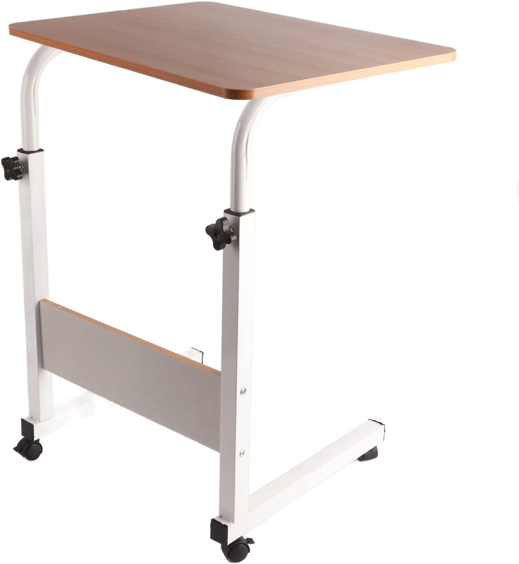 C Shaped End Table Adjustable Overbed Bedside Table with Wheels Rolling Laptop Tray Desk Cart Portable Mobile Sit Stand Desk Tilting Hospital Bed Table (Walnut Color)