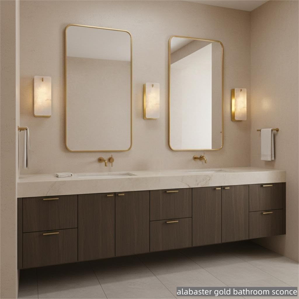 12 Inch Alabaster Wall Sconce, Natural Spanish Stone Brass Gold Wall Light, Modern Marble Sconces Dimmable E12 Hardwired Rectangular Vanity Light Fixture for Bathroom Mirror, Hallway Corridor(1 Pcs)