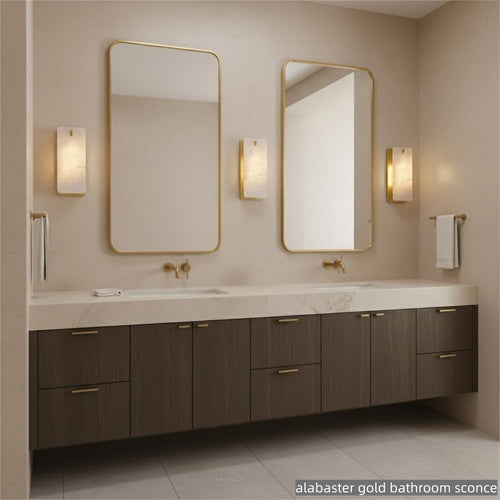 12 Inch Alabaster Wall Sconce, Natural Spanish Stone Brass Gold Wall Light, Modern Marble Sconces Dimmable E12 Hardwired Rectangular Vanity Light Fixture for Bathroom Mirror, Hallway Corridor(1 Pcs)