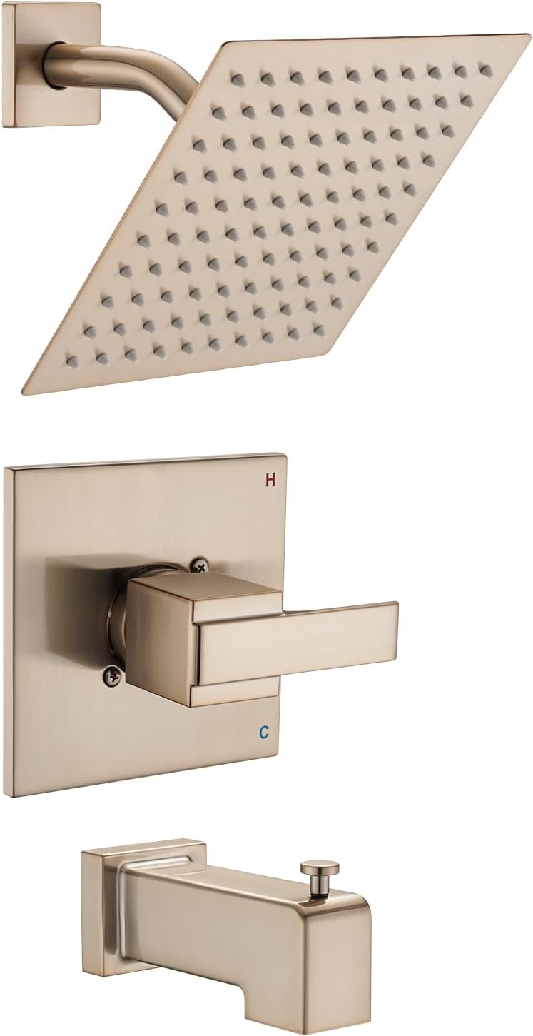 8' Rain Shower Faucet Compatible with Delta 13/14 Series Tub Trim Kit, High Pressure Square Rain Shower Head& Handle Set (Valve& Catridge Not Inclued) (With Tub Spout, Champagne Gold)
