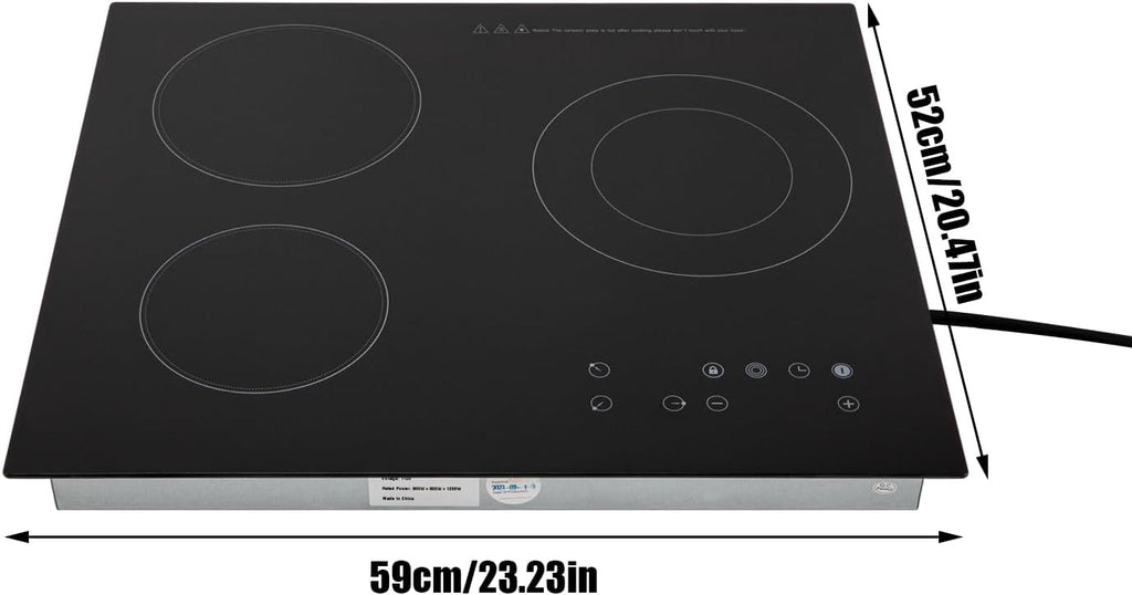 3 Burner Electric Cooktop Electric Stove Top Induction Cooktop Counter top Burner Built-in Electric Ceramic Stovetop Smooth Surface Glass 9 Heating Level Safety Lock,2600W (No Plug)