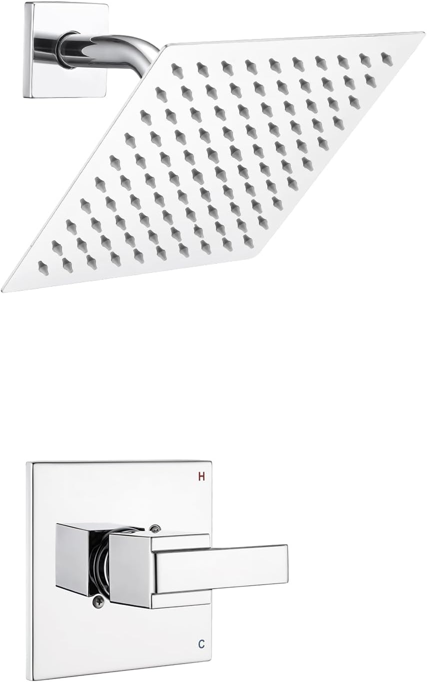 8' Rain Shower Faucet for 13/14 Series Tub Trim Kit, High Pressure Square Rain Shower Head& Handle Set (Valve& Catridge Not Inclued) (Without Tub Spout, Chrome)