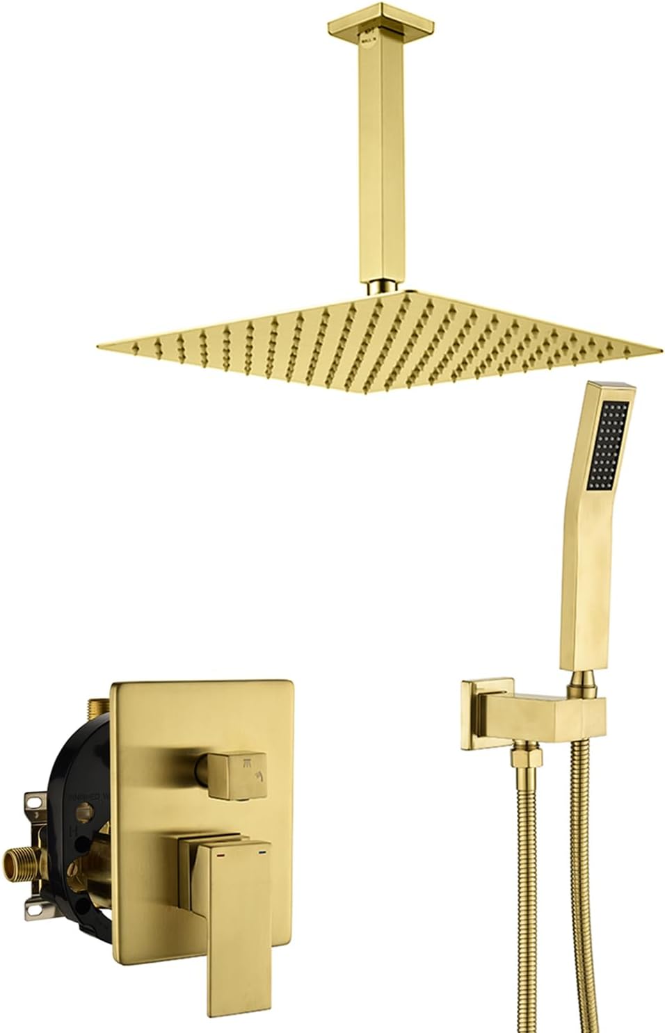 WELLFOR 12 Inch Ceiling Mount Shower System, Bathroom Luxury Rain Mixer, Shower Combo Set, Ceiling Rainfall Shower Head Faucet Trim Kits, Rough-in Valve and Trim Included (Brushed Gold)