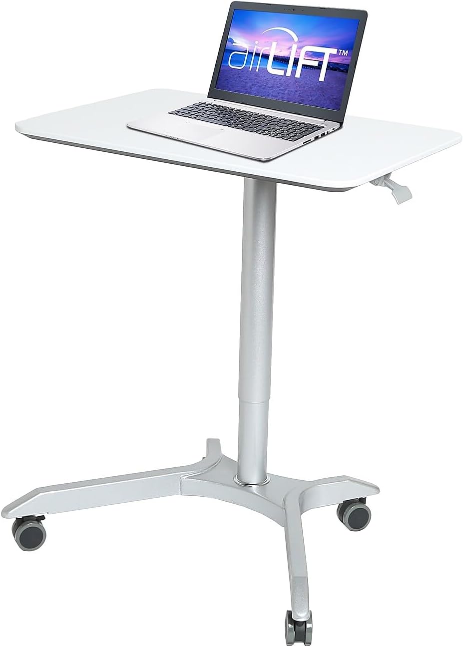 Seville Classics AIRLIFT XL 28' Pneumatic Height Adjustable Sit-Stand Mobile Laptop Computer Desk Cart (27.1' to 41.9' H), White