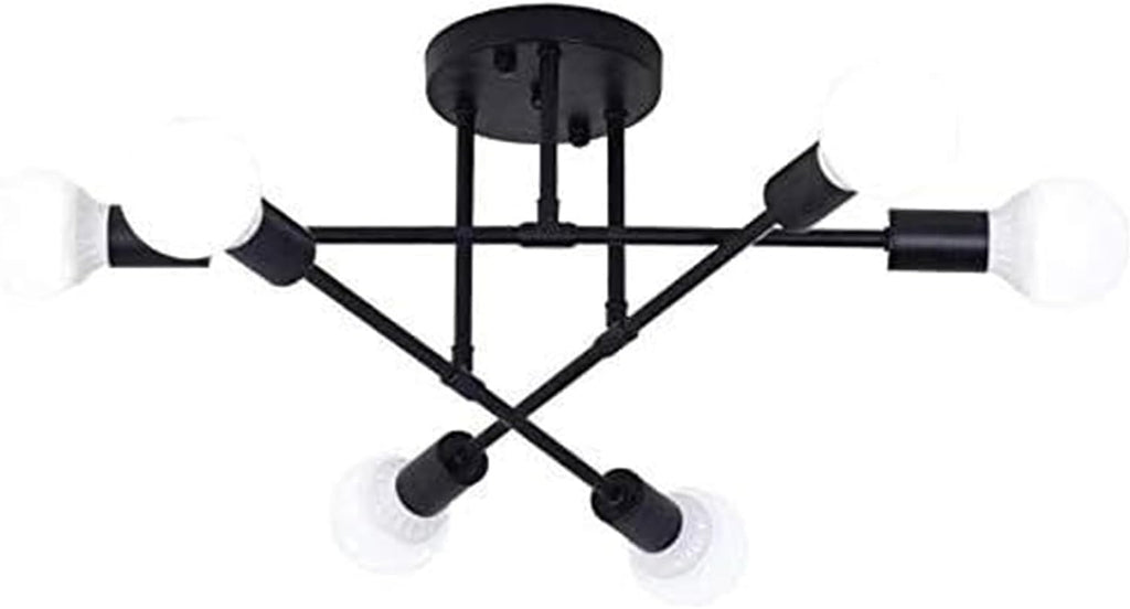 Vintage Industrial 6-Light Semi-Flush Ceiling Light, Black Wrought Iron Chandelier Close to Ceiling Lights Fixture for Dining Room, Kitchen, Living Room, Hallway, Entryway