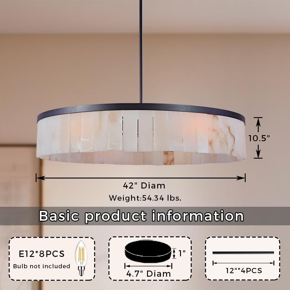 41 Inch Diam Alabaster Round Chandelier, Handmade Natural Stone Ceiling Light, Modren Organic Unique Textures Stone Light Fixture, Hanging Fixture for Kitchen Island, Dining Room, Living Room (Black)