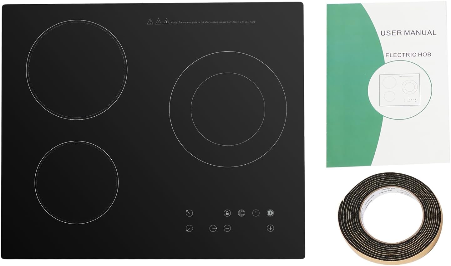 Ceramic Cooktop,23 * 20 Inch Built-in 2+1 3 Burners Electric Stove Cooker Hob With Touch Control Child Lock Timer Electric Stove with Hard Wire 2600W 110V (Touch Control, 3 Burners)