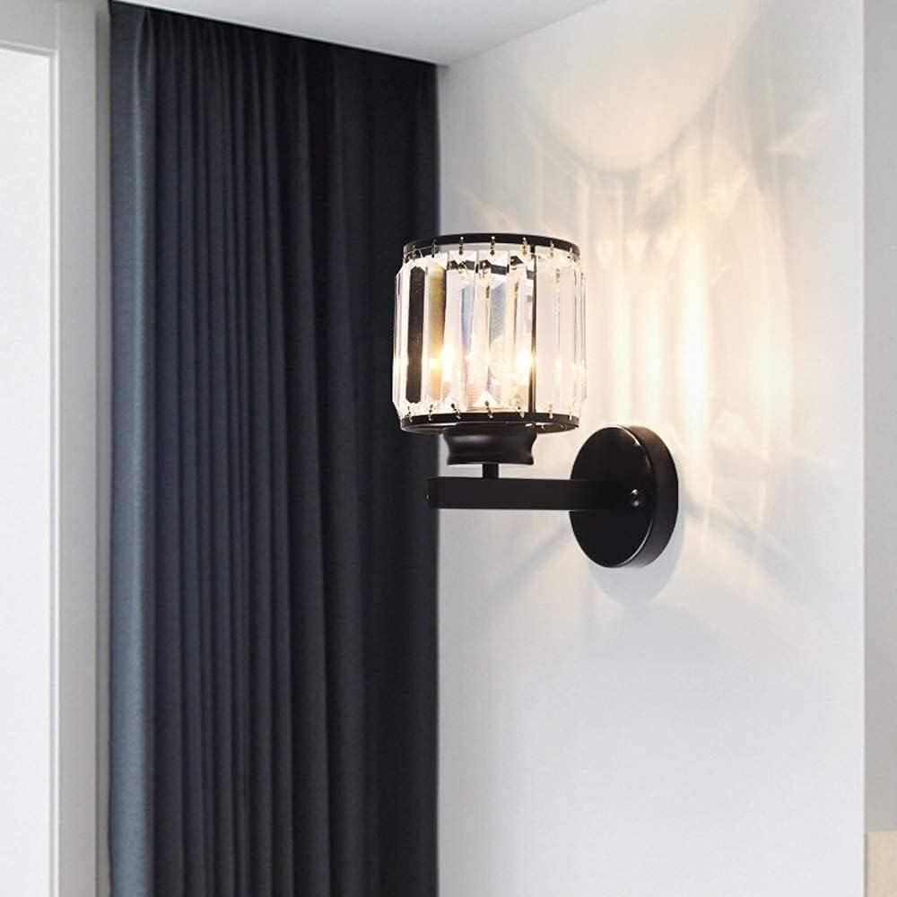 Wall Lamp Post Crystal Wall Lights Fixture Nordic Wrought Iron Single Wall Sconce,Matte Black Finish Lighting with Clear Glass Prisms for Living Room Bedroom Hallway Decor Lighting